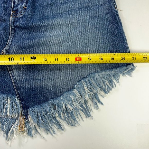 We The Free People Womens Mini Jean Skirt Blue Pockets Fringe Fly Denim 27 New - Picture 8 of 12
